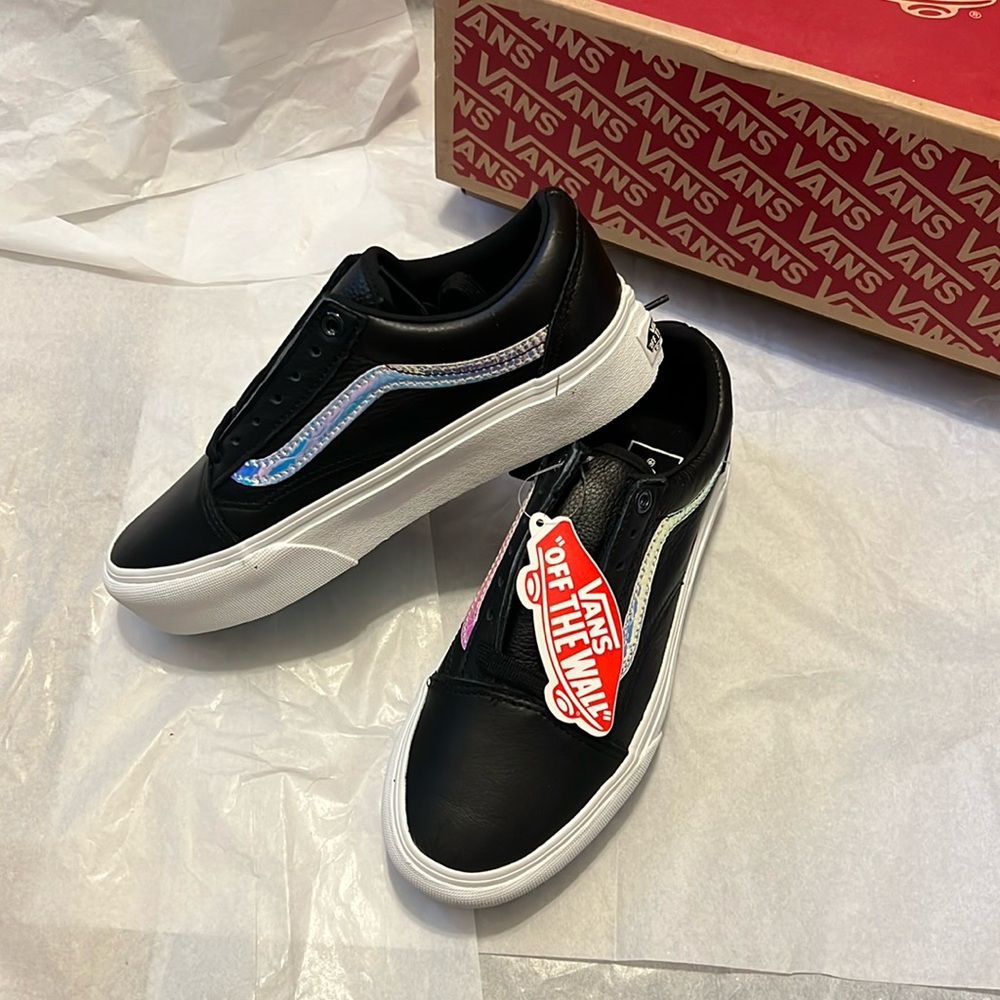 Never worn! Platform black leather old school vans women’s size 7